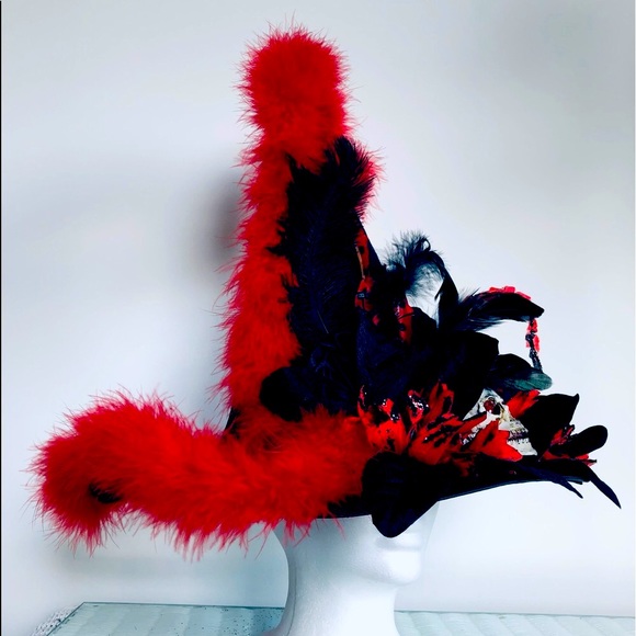 Elf victorian hat Black velvet & ted marabou feather trim Artisan one of - Picture 4 of 16